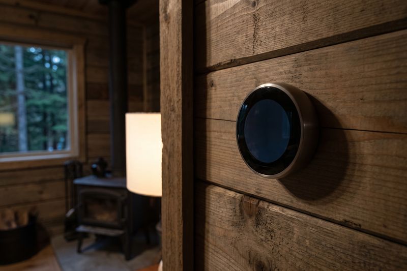 A round smart thermostat on the timber wall of a cottage living room