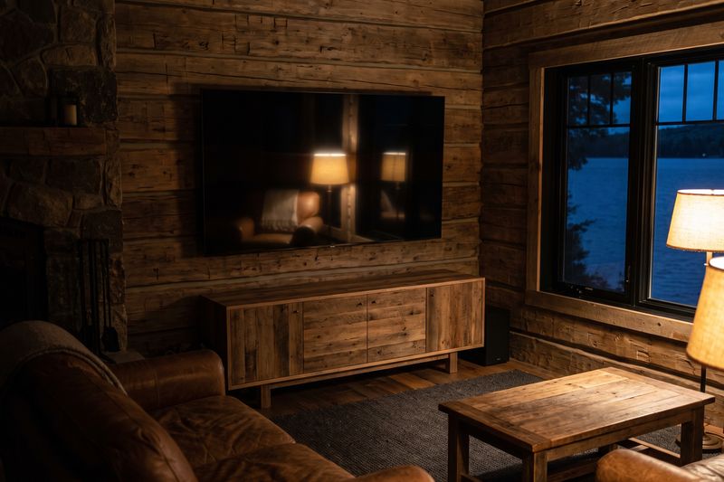 A wall mounted television in a timber cottage living room in the evening