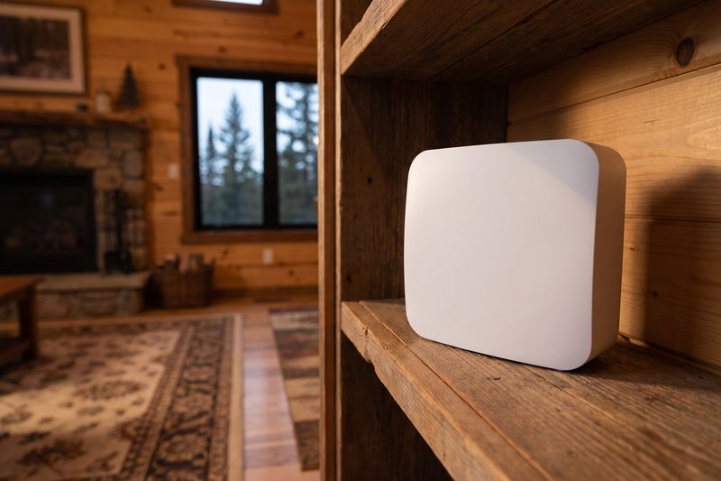 A white mesh WiFi access point on a timber shelf in a cottage