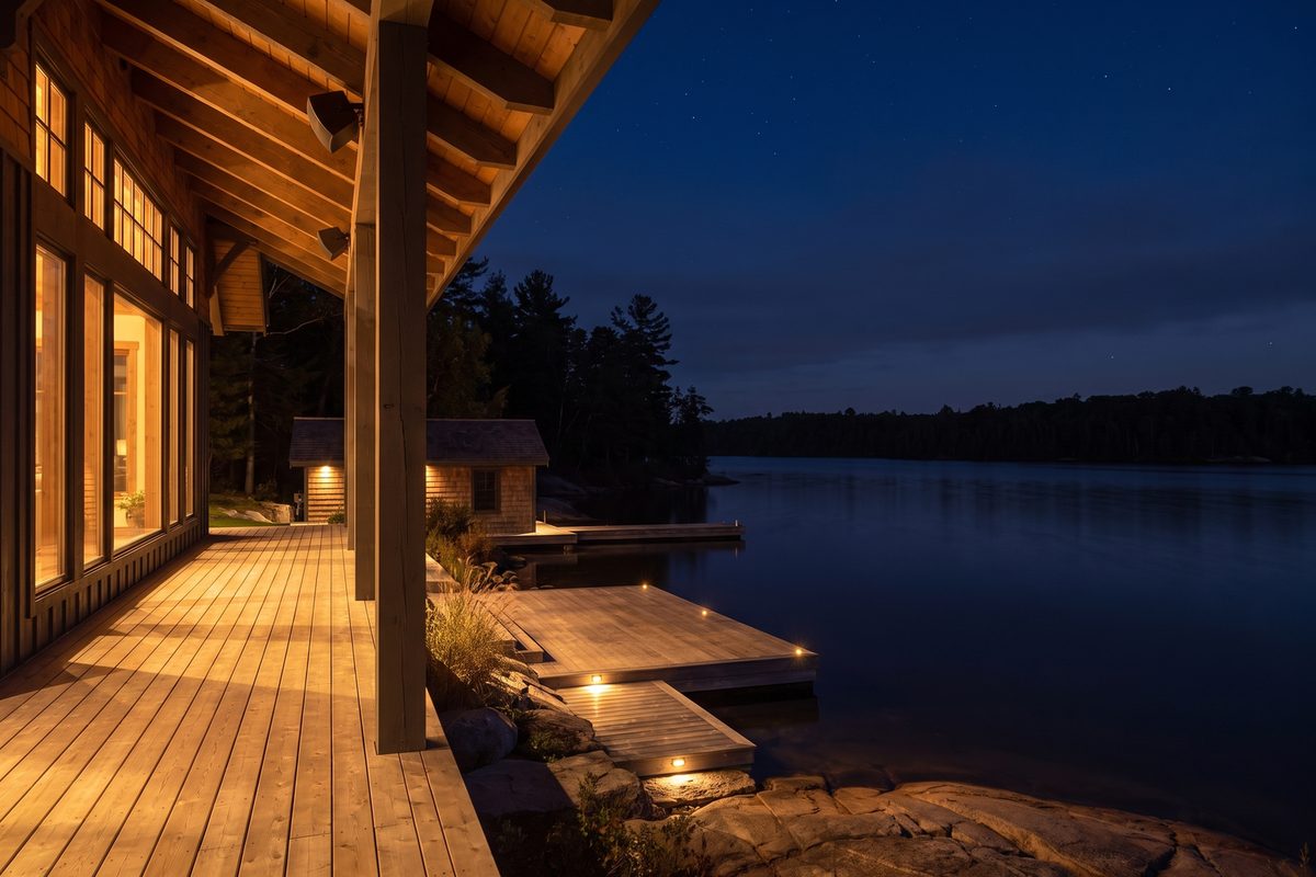The deck: Speakers under the eave and lighting down the steps