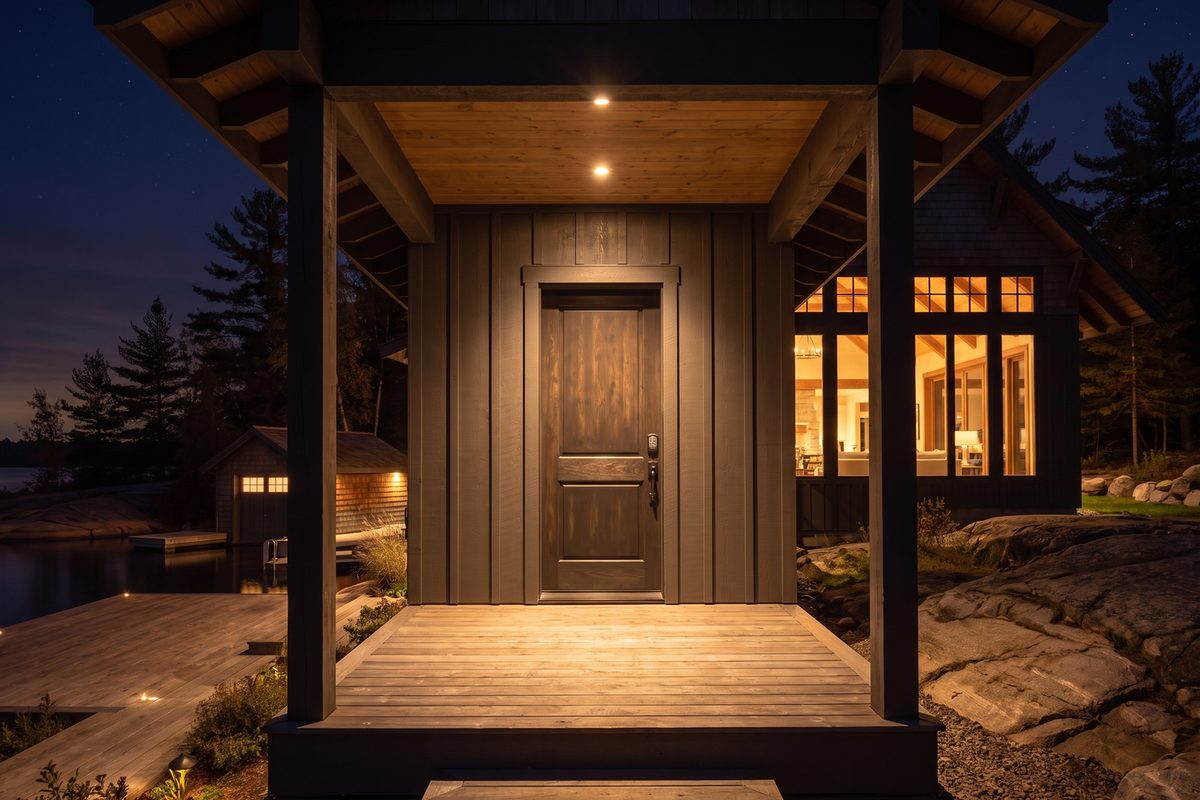 The front door: A keypad lock and porch lights, no key under the mat